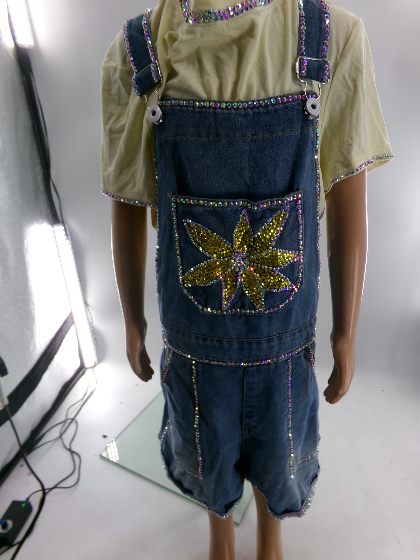 Pre-Owned Costume Large Child Denim Overalls Jazz Tap Clogging Musical Theater Rhinestones Sunflower