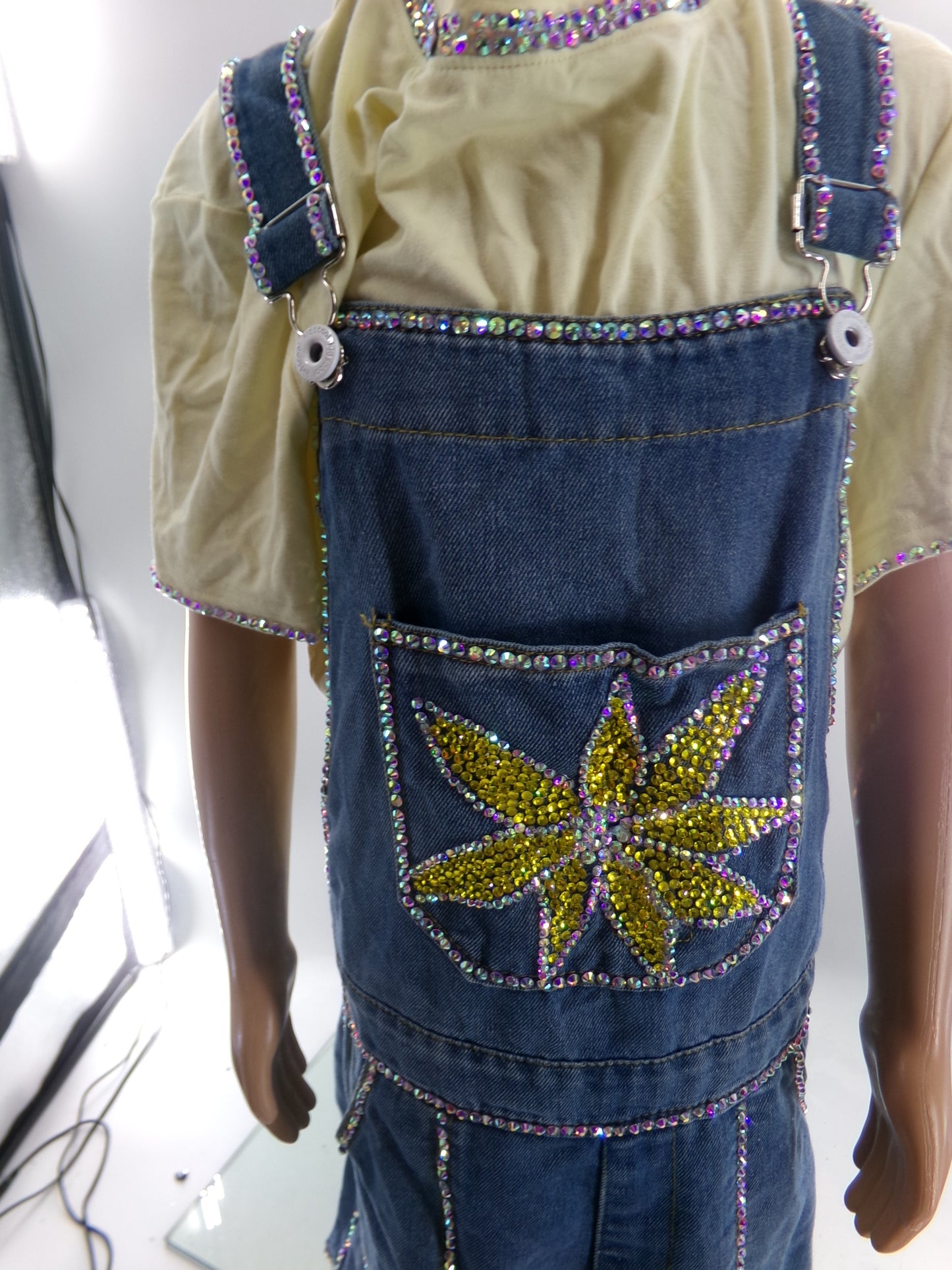 Pre-Owned Costume Large Child Denim Overalls Jazz Tap Clogging Musical Theater Rhinestones Sunflower