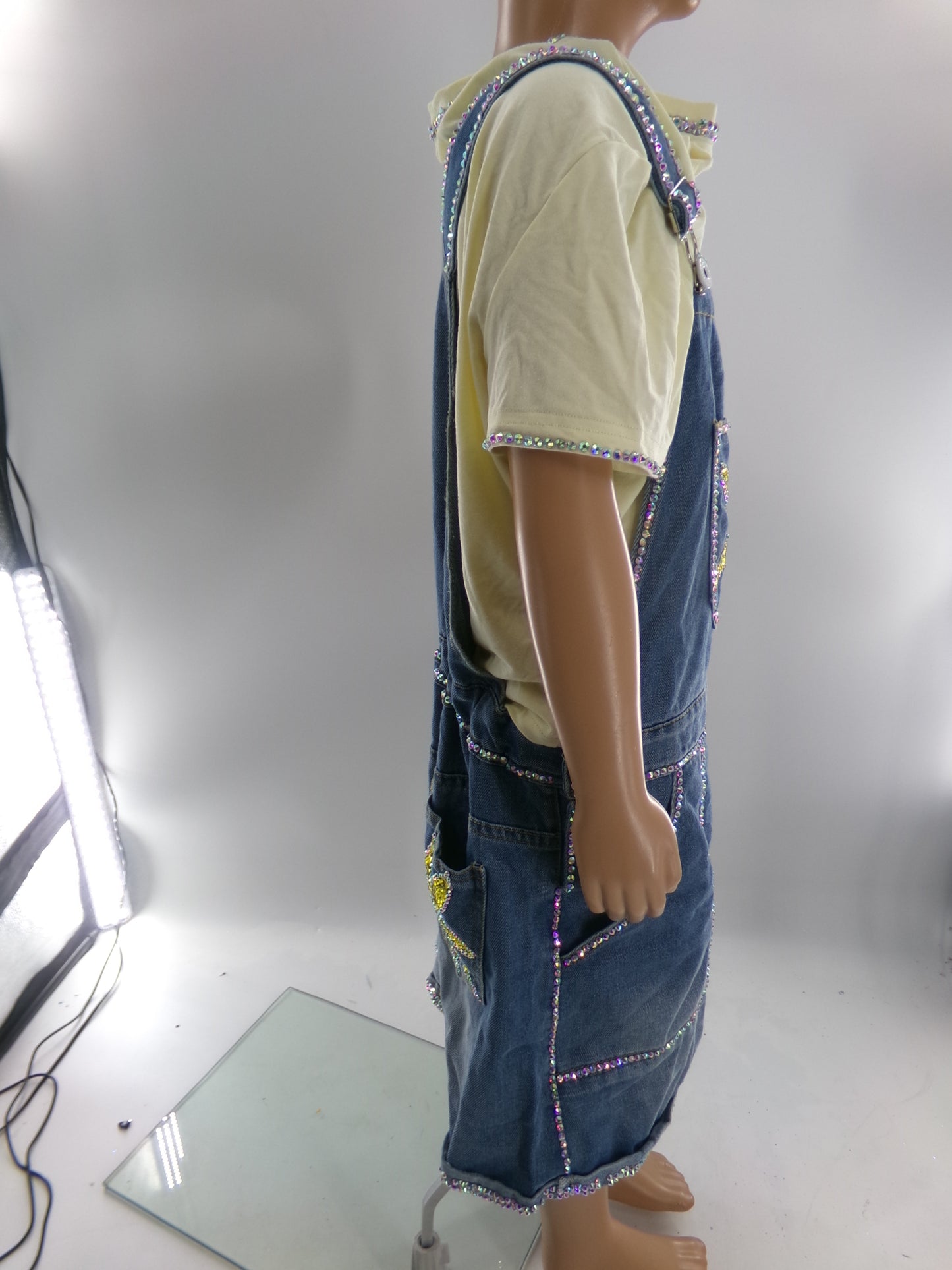 Pre-Owned Costume Large Child Denim Overalls Jazz Tap Clogging Musical Theater Rhinestones Sunflower