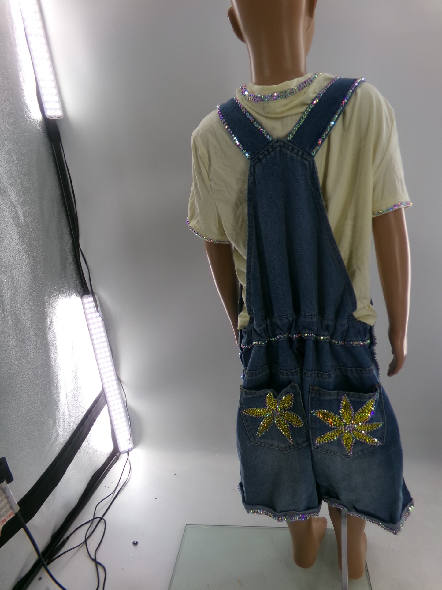 Pre-Owned Costume Large Child Denim Overalls Jazz Tap Clogging Musical Theater Rhinestones Sunflower