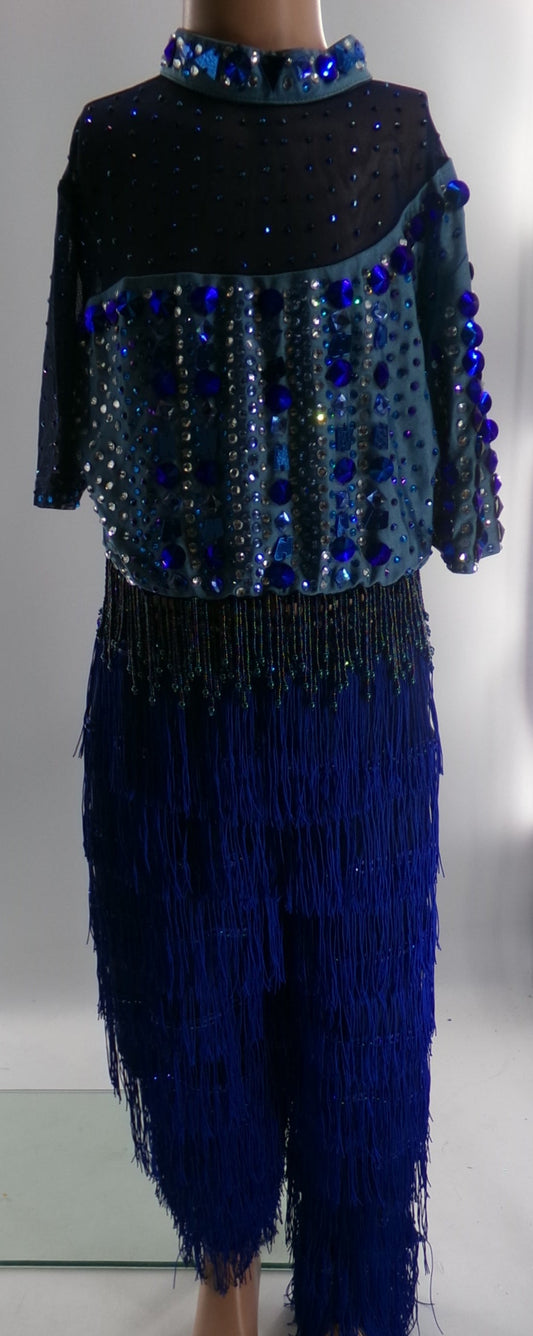Pre-Owned Costume Large Child Blue Glamour Jazz Tap Clogging Latin Fringe Rhinestones 2 pc