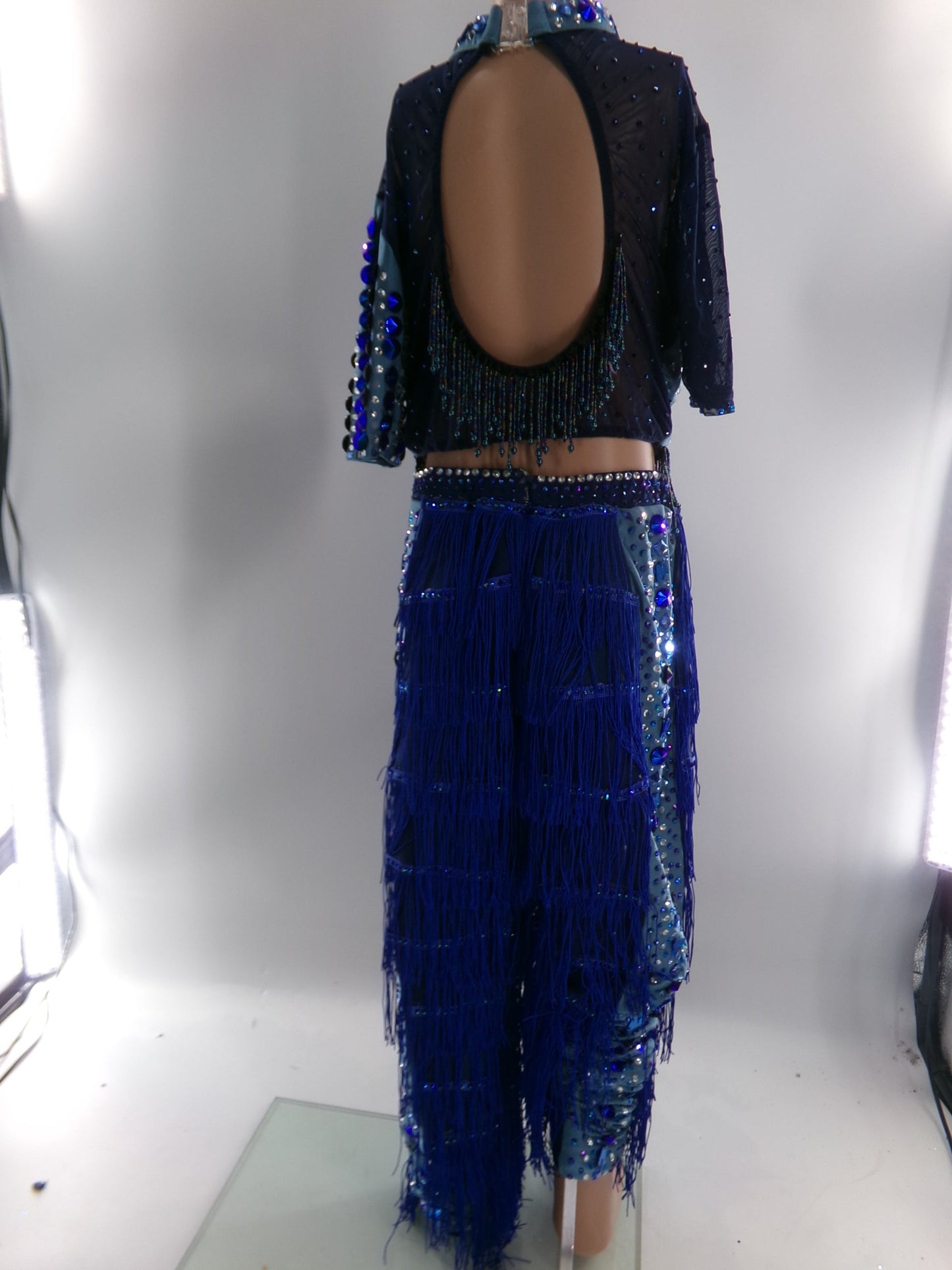 Pre-Owned Costume Large Child Blue Glamour Jazz Tap Clogging Latin Fringe Rhinestones 2 pc