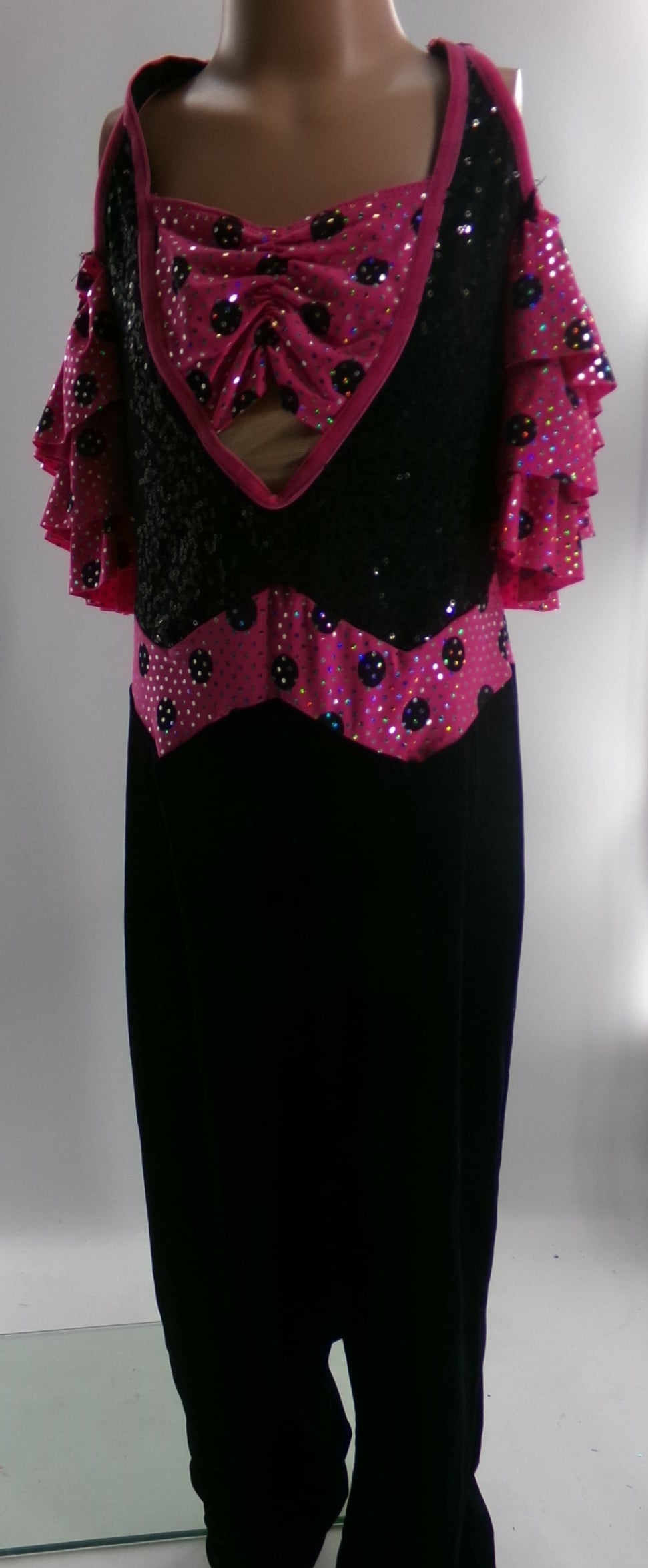 Pre-Owned Costume Large Child Pink Artstone 0513 Jazz Tap Clogging Musical Theater Jumpsuit, polka dots, Sequin