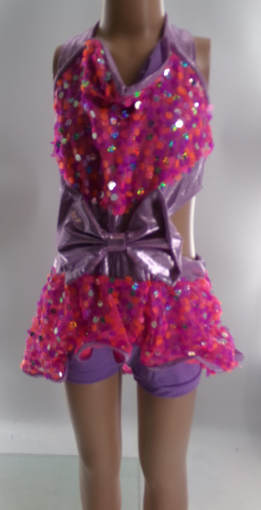 Pre-Owned Costume Large Child Purple Unknown Jazz Tap Clogging Musical Theater Back Skirt Bows Sequin