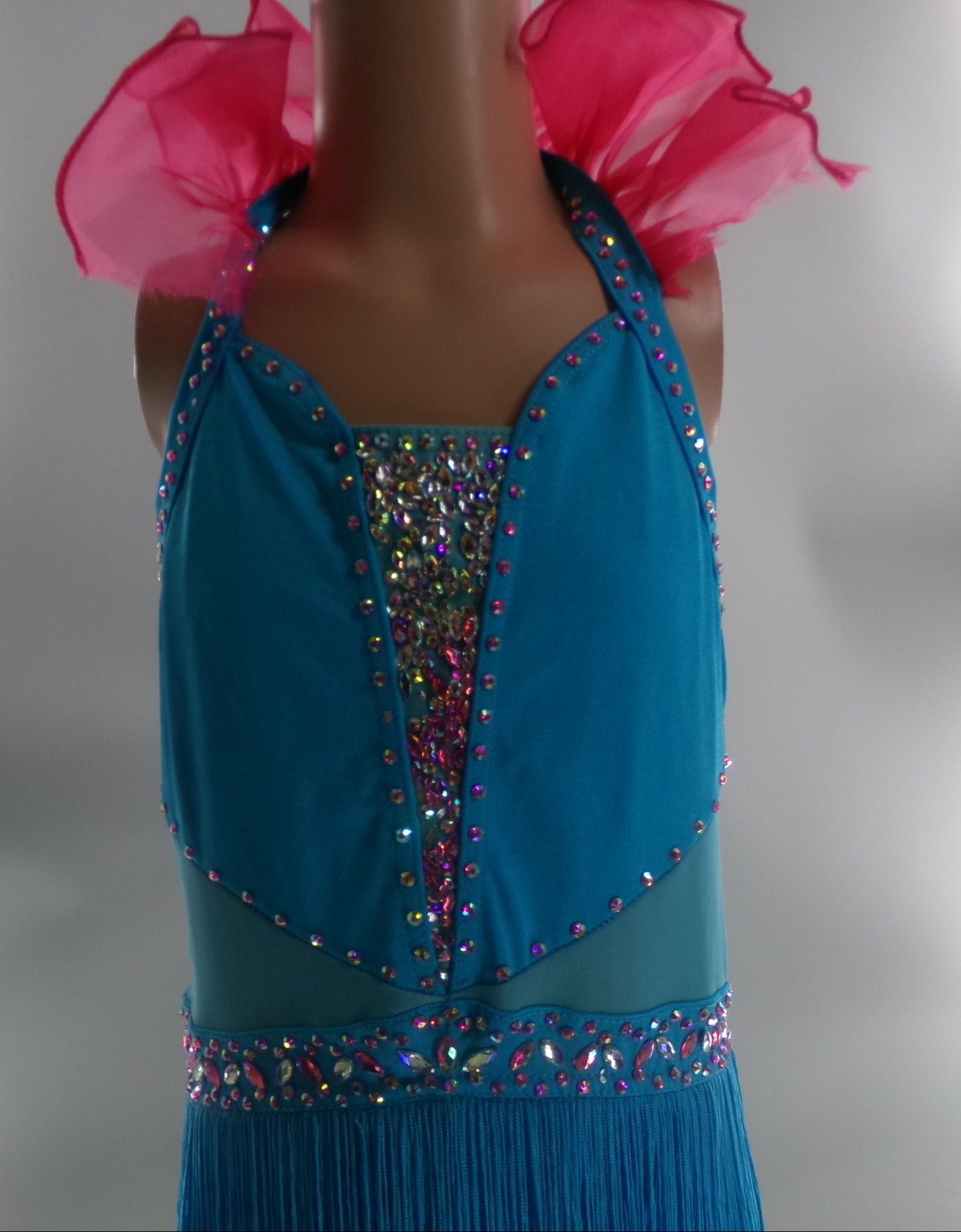 Pre-Owned Costume Medium Child Blue Balera D11359 Jazz Tap Clogging Latin Rhinestones Fringe Ruffles