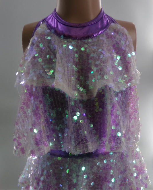 Pre-Owned Costume Medium Child Purple ieffiel Jazz Tap Clogging Biketard Sequin Overlay