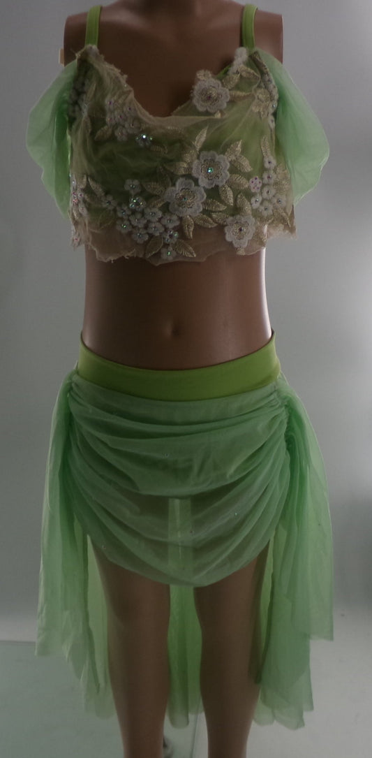 Pre-Owned Costume Large Child Green Kelle 2985/4472 Lyrical Contemporary Ballet 2 pc Floral Rhinestone
