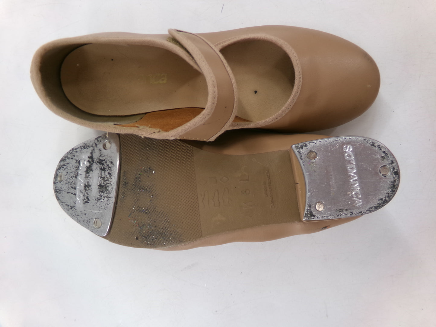 Pre-Owned Tap Shoes Youth 5 Tan Mary Jane Leather Loop Strap