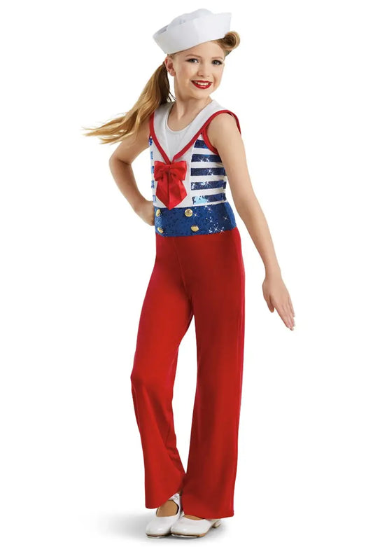 Pre-Owned Costume Large Child Red Weissman 10409 Jazz Tap Clogging Musical Theater Stripes Sequins Unitard