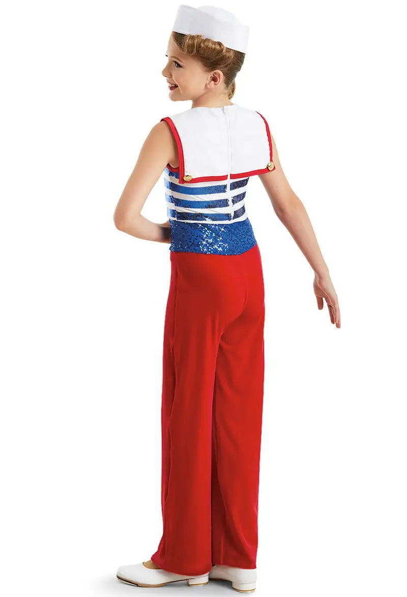 Pre-Owned Costume Large Child Red Weissman 10409 Jazz Tap Clogging Musical Theater Stripes Sequins Unitard