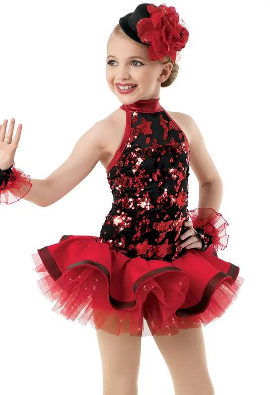 Pre-Owned Costume Medium Child Red Weissman 10664 Tap Jazz Musical Theater Ruffles Sequin Tutu