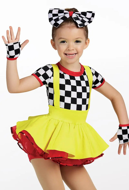 Pre-Owned Costume Small Child Yellow Weissman 12948 Tap Jazz Hip Hop Musical Theater Checkerboard Overalls Rhinestones