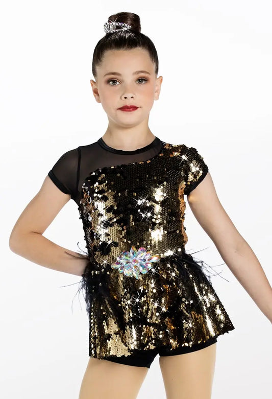 Pre-Owned Costume Jazz Small Adult Gold Weissman 13570 Sparkle Sequin Skirt Feathers Tap Clogging Musical Theater