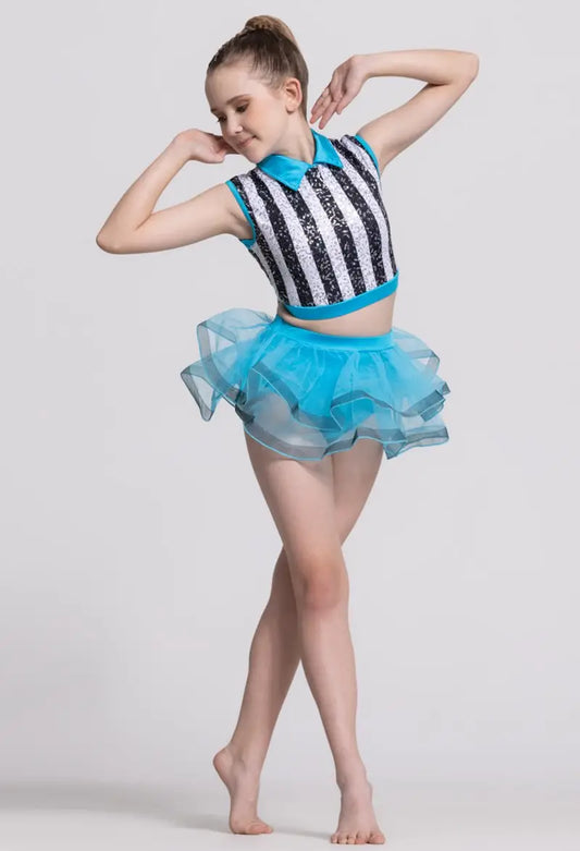 Pre-Owned Costume Large Adult Turquoise Weissman 14092 Jazz Tap Acro Musical Theater Stripes Rhinestones Tutu