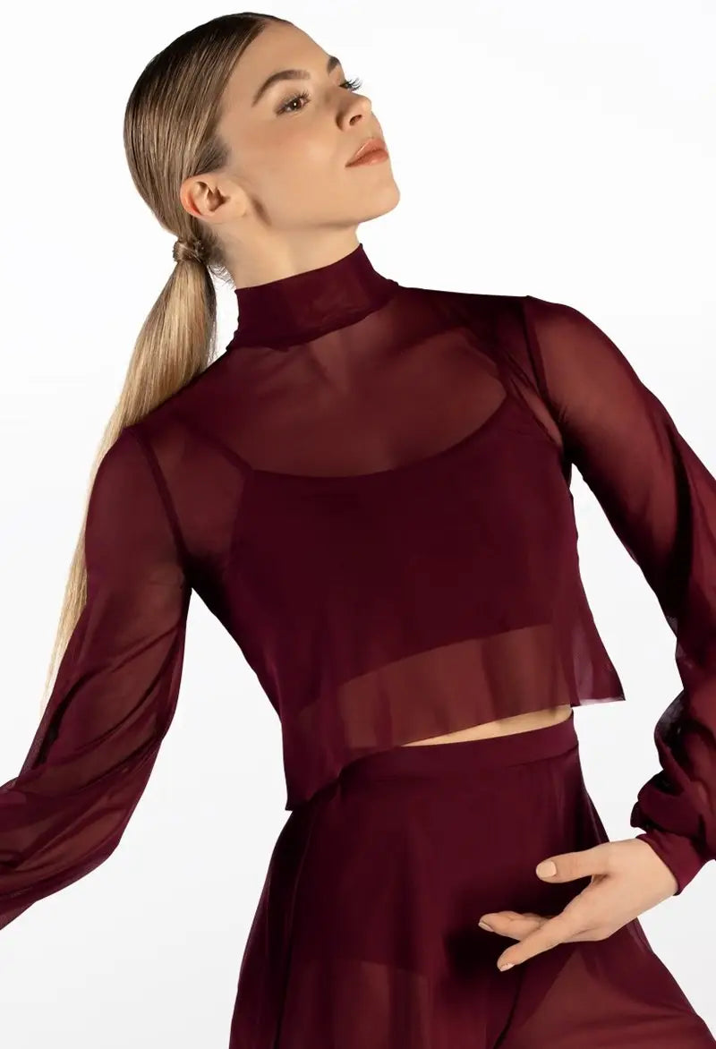 Pre-Owned Crop Top Weissman 14630 Small Adult Burgundy Jazz Sheer Long Sleeve