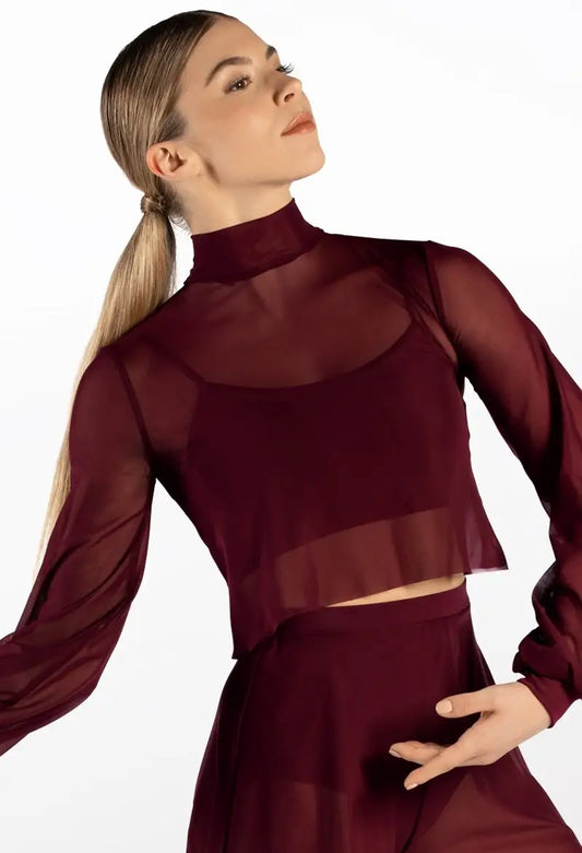 Pre-Owned Crop Top Weissman 14630 Small Adult Burgundy Jazz Sheer Long Sleeve