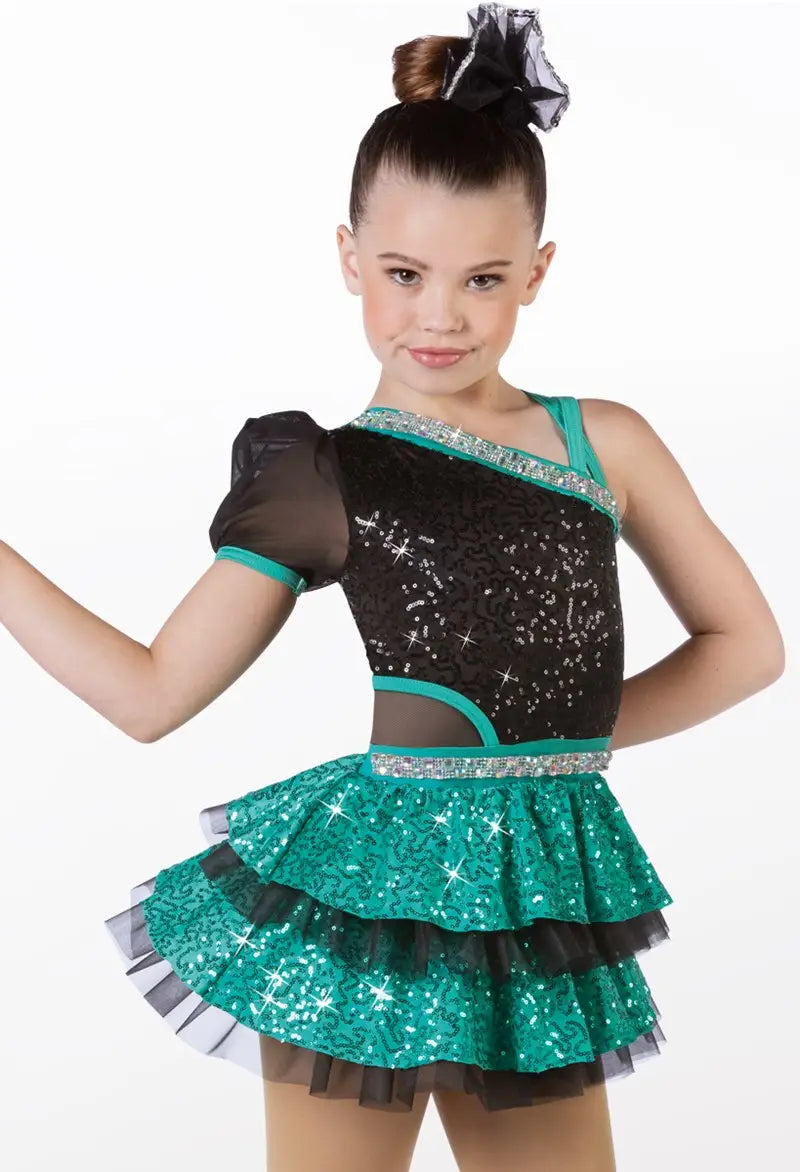 Pre-Owned Costume Large Child Teal Weissman 14727 Jazz Tap Musical Theater Dress Sequin Ruffles