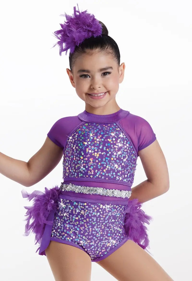 Pre-Owned Costume Medium Child Purple Weissman 14953 Jazz Tap Clogging Musical Theater Feathers Sequin Leotard