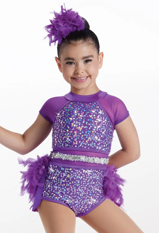 Pre-Owned Costume Medium Child Purple Weissman 14953 Jazz Tap Clogging Musical Theater Feathers Sequin Leotard