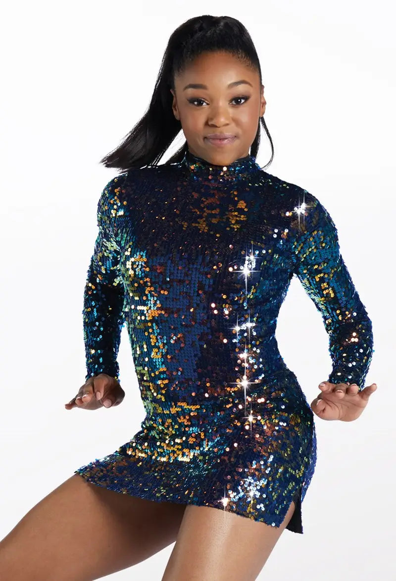 Pre-Owned Costume Small Child Blue Weissman 15148 Jazz Tap Clogging Baton Dress Mock Neck Sequin