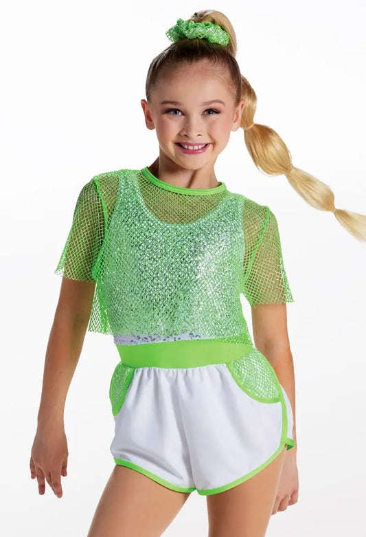 Pre-Owned Costume XL Child Green Weissman 17774 Hip Hop Jazz Tap Clogging Romper Mesh Sequin