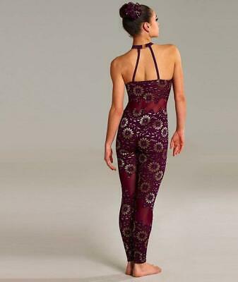 Pre-Owned Costume Large Child Burgundy Curtain Call R5330 Contemporary Jazz Acro Unitard Lace Floral