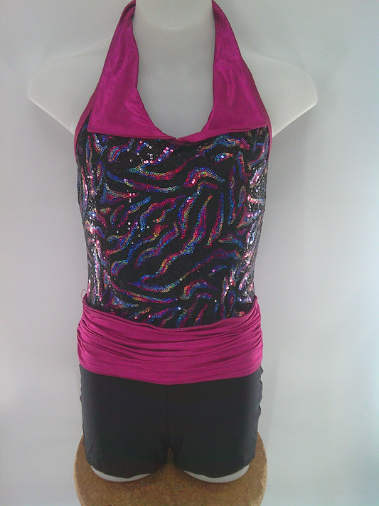 Pre-Owned Costume AWCT  13174 12-14 Pink Biketard Jazz Tap Sequins