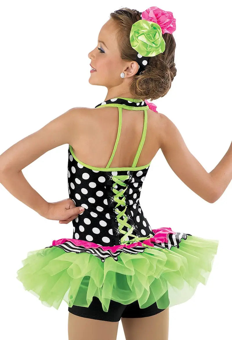 Pre-Owned Costume XS Child Green Weissman 6851 Jazz Tap Latin Clogging Polka Dot Stripes Ruffles