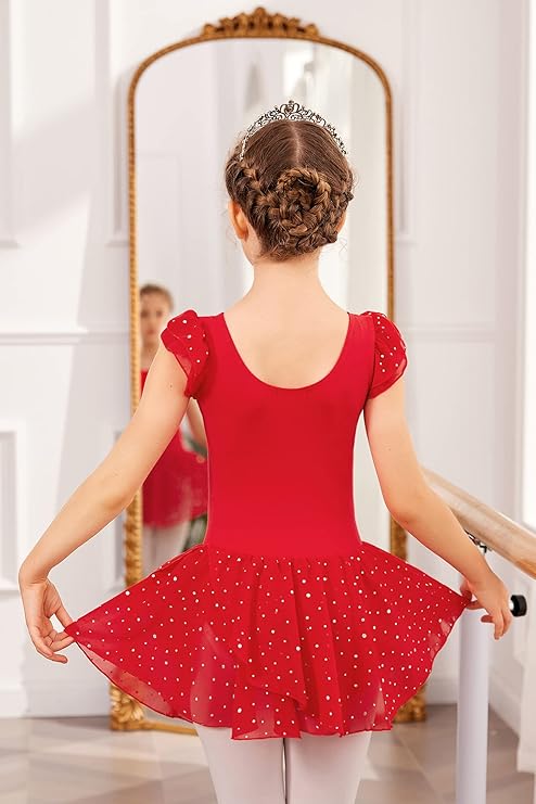 Pre-Owned Leotard Dress Flutter Sleeve Red Medium Child Sparkle Skirt Ballet