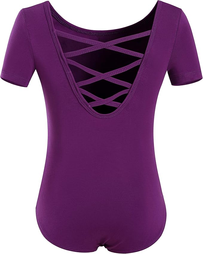 Pre-Owned Leotard Short Sleeve Criss Cross back XL Child Dark Purple