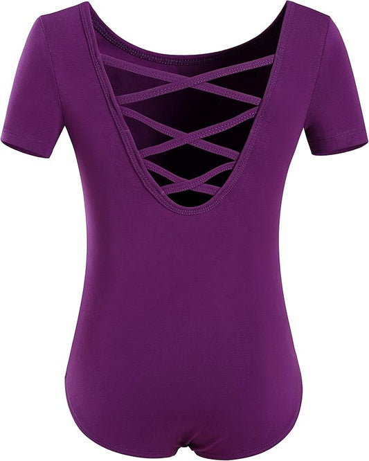 Pre-Owned Leotard Short Sleeve Criss Cross back XL Child Dark Purple