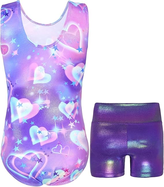 Pre-Owned Gymnastics Leotard/Shorts Medium Child Purple Hearts Gymnastics