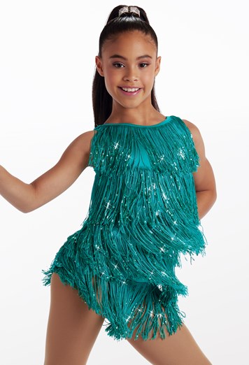 Pre-Owned Costume Weissman  15449 Medium Child Teal Fringe Jazz Sequin
