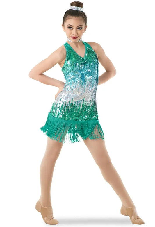 Pre-Owned Costume XL Child Green Weissman 9948 Tap Jazz Clogging Latin Fringe Sequin