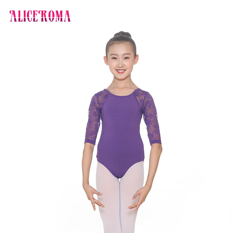 Pre-Owned Leotard Alice Roma A1668 Medium Child Purple Ballet Lace 3/4 sleeve