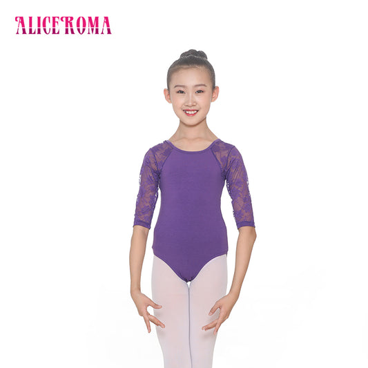 Pre-Owned Leotard Alice Roma A1668 Medium Child Purple Ballet Lace 3/4 sleeve