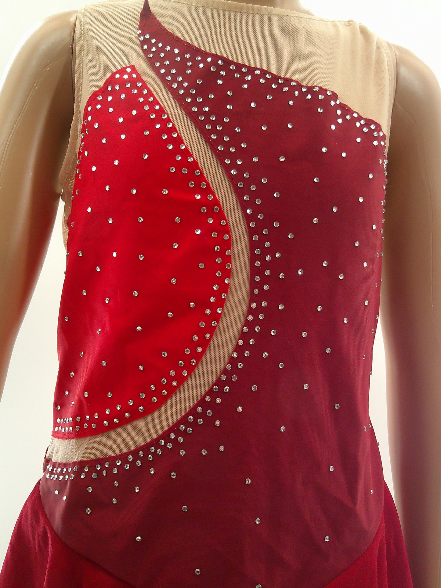 Pre-Owned Costume Medium Child Red ieffiel Lyrical Ballet Ice Skating Rhinestone Dress Mesh