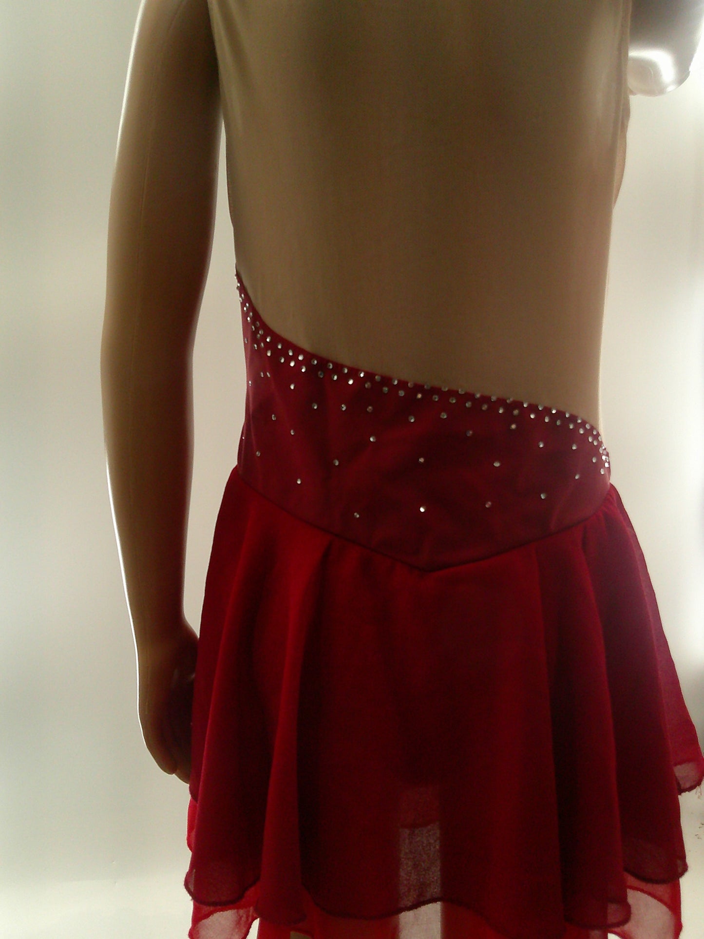 Pre-Owned Costume Medium Child Red ieffiel Lyrical Ballet Ice Skating Rhinestone Dress Mesh