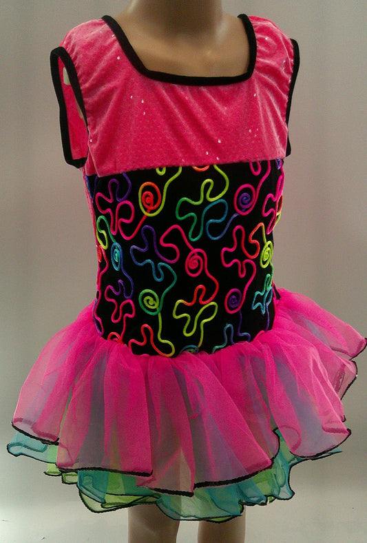 Pre-Owned Costume XL Child Pink Art Stone 2050 Jazz Tap Clogging Swirls Neon Dress