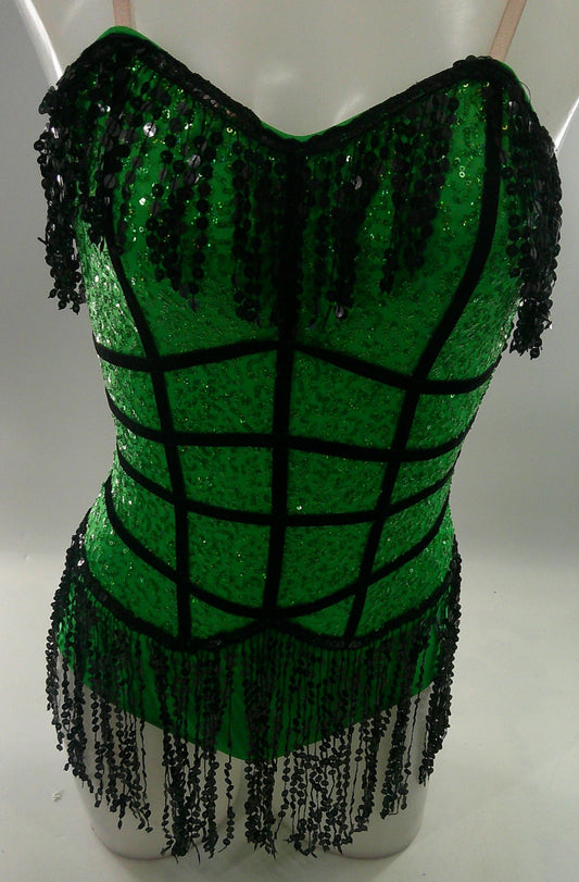 Pre-Owned Costume Small Adult Green A Wish Come True V1850 Jazz Tap Musical Theater Clogging Fringe Sequin
