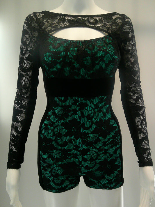 Pre-Owned Costume Small Adult Green A Wish Come True 18979 Jazz Contemporary Acro Lace Unitard Long Sleeve