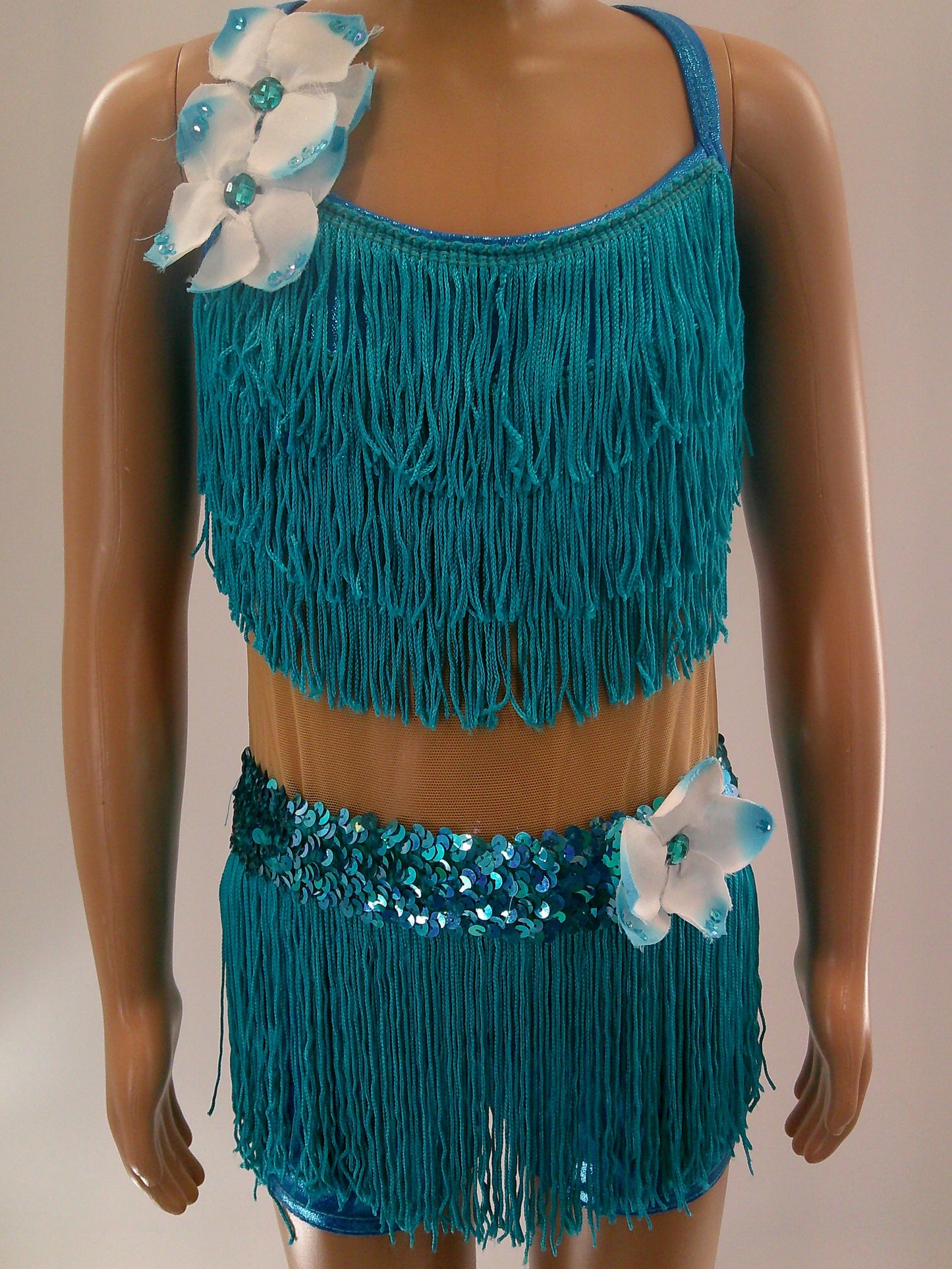 Pre-Owned Costume Small Child Turquoise A Wish Come True 12719 Jazz Tap Musical Theater Fringe Flower Biketard
