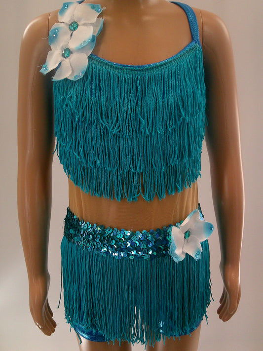 Pre-Owned Costume Small Child Turquoise A Wish Come True 12719 Jazz Tap Musical Theater Fringe Flower Biketard
