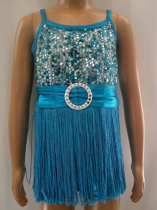 Pre-Owned Costume Jazz Small Child Turquoise A Wish Come True V1884 Fringe Sparkle Shorts Tap Clogging Latin