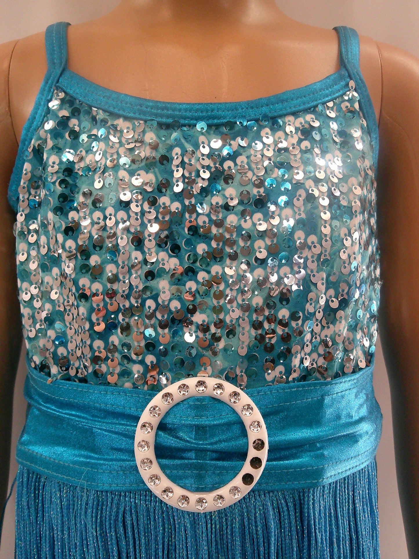 Pre-Owned Costume Jazz Small Child Turquoise A Wish Come True V1884 Fringe Sparkle Shorts Tap Clogging Latin