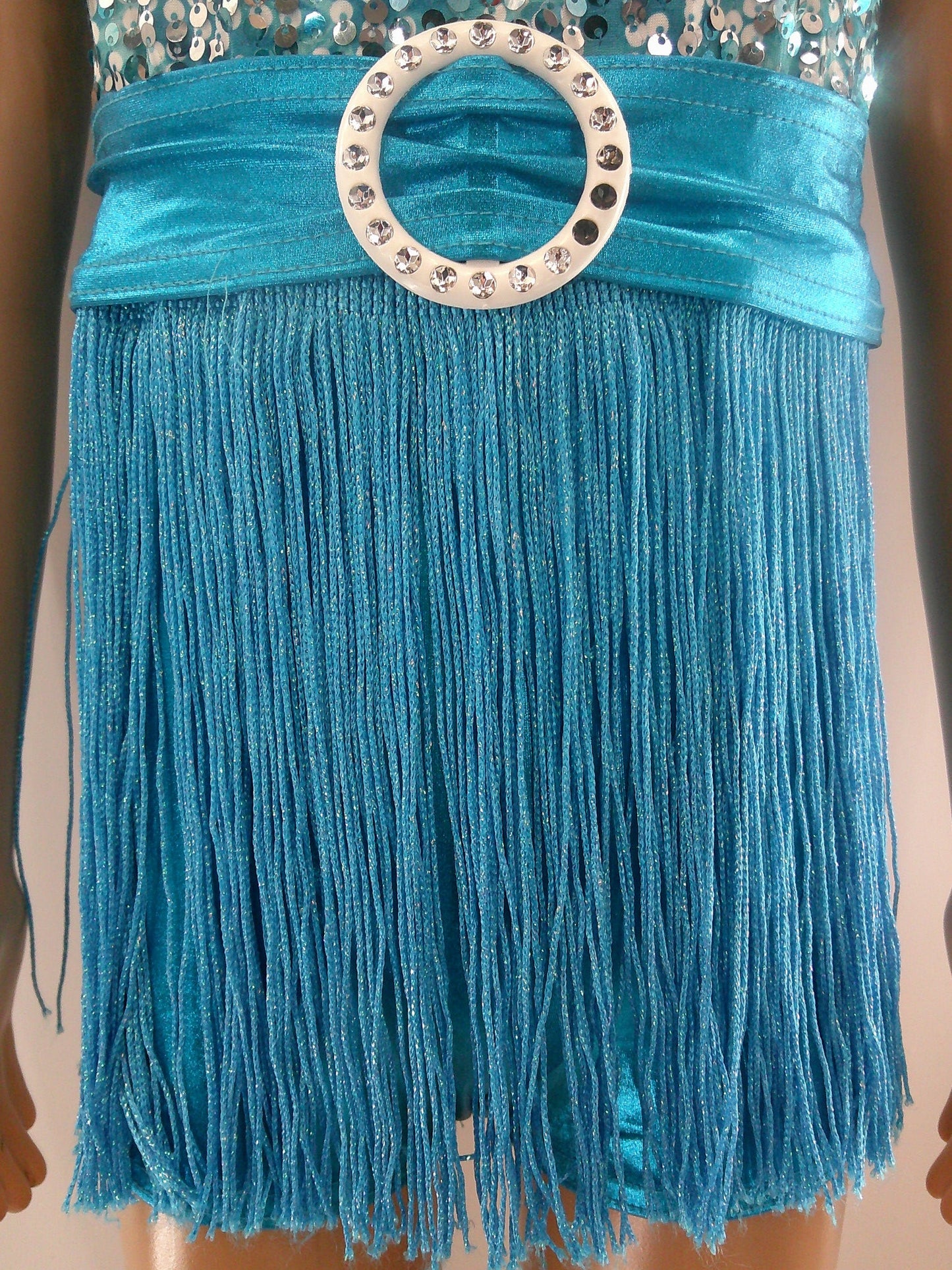 Pre-Owned Costume Jazz Small Child Turquoise A Wish Come True V1884 Fringe Sparkle Shorts Tap Clogging Latin