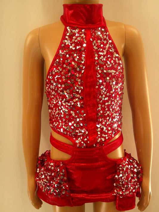 Pre-Owned Costume Medium Child Red Reverence Jazz Tap Clogging Ruffles Sequin Open Back
