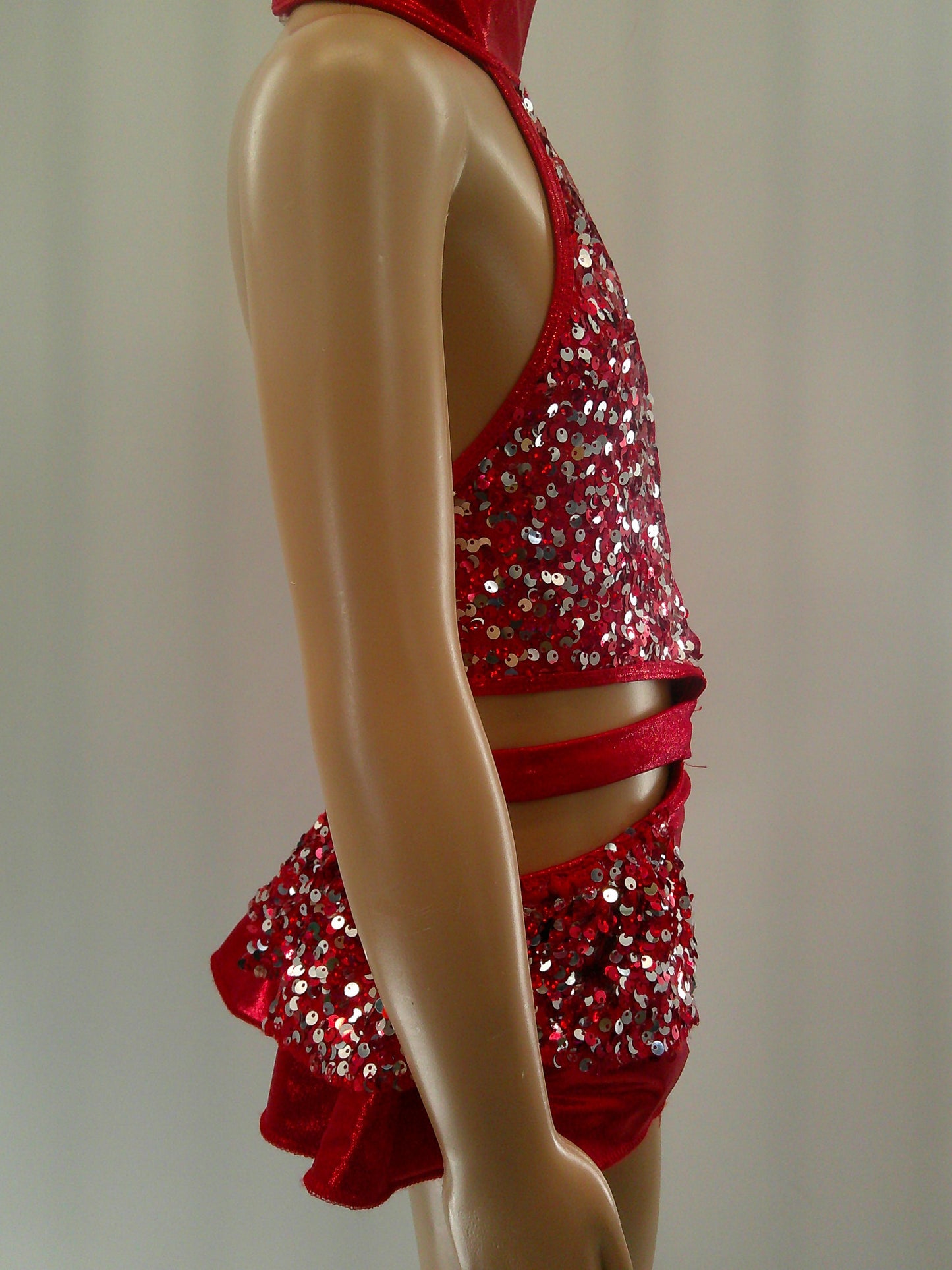 Pre-Owned Costume Medium Child Red Reverence Jazz Tap Clogging Ruffles Sequin Open Back