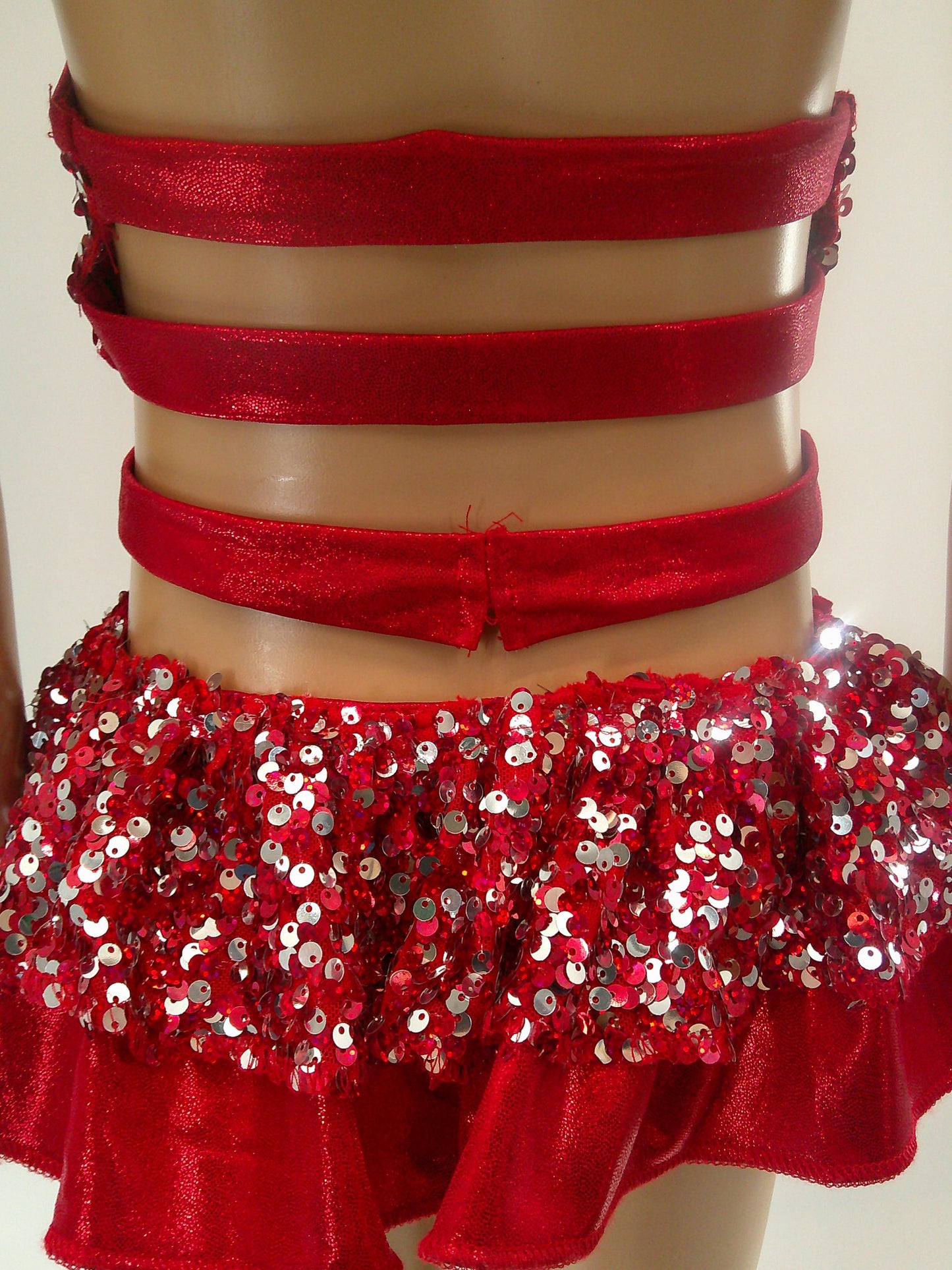 Pre-Owned Costume Medium Child Red Reverence Jazz Tap Clogging Ruffles Sequin Open Back