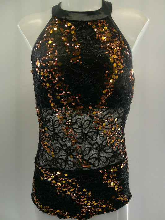Pre-Owned Costume Jazz Medium Adult Gold Kelle Leotard Sequin Lace Contemporary Acro